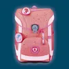 A pink school backpack with a coral reef pattern and marine life patches. Produktbild-Vorschau