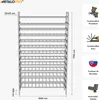 A technical drawing of a large metal shelf unit, likely for storing bottles, with dimensions and descriptive text. The shelf unit is shown from the front with a side profile indicator. Náhľad obrázku produktu
