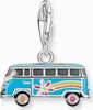 A close-up studio shot of a silver charm with a blue Volkswagen bus design. Náhled obrázku produktu