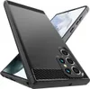A black phone case with a carbon fiber texture is shown from an angle, with a smartphone partially visible inside. Produktbild-Vorschau