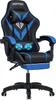 A black and blue gaming chair with a footrest and massage features. Náhled obrázku produktu