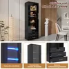 A collage showcasing a black high-gloss display cabinet with LED lighting, including close-ups of its features and a wider shot of it in a room setting. Anteprima dell’immagine prodotto