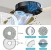 A robotic vacuum cleaner is shown cleaning a floor, with close-ups of its mop pads and material details. Produktbild-Vorschau