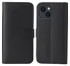 A black flip case for an iPhone 14 is shown open, displaying the inside of the case and the back of the phone with its camera. Produktbild-Vorschau