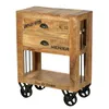 A rustic wooden side table with two drawers and an open shelf, set on wheels. Podgląd zdjęcia produktu