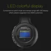 Close-up of a black wireless headset with a colorful LED display showing song information. Produktbild-Vorschau