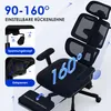 Collage of a black ergonomic office chair highlighting its features like adjustable backrest angle and footrest. Produktbild-Vorschau
