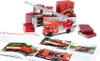 A collection of red and silver model fire trucks and related accessories are displayed on a white background, with an open book showing images of fire trucks in the foreground. Produktbild-Vorschau