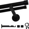 A black double curtain rod with mounting hardware and accessories shown against a white background. Produktbild-Vorschau