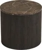 A round side table with a marble top and a fluted wooden base. Voir les images du produit