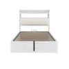 A white bed frame with a slatted mattress base and a beige upholstered headboard, shown from the front. Produktbild-Vorschau