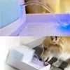 A collage showing a close-up of a pet water fountain with blue LED lights and a dog drinking from it. Náhled obrázku produktu