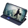 A dark blue flip case for a smartphone is shown open, displaying the phone's screen which shows a scene from the movie Black Panther. Produktbild-Vorschau