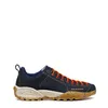 Mojito Planet Denim Lifestyle Schuhe von Scarpa in Blau mit orangefarbenen Schnürsenkeln und einer hellbraunen Sohle. Voir les images du produit