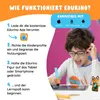 A young boy is using a tablet with an Edurino pen, with an Edurino figure next to the tablet. The image also shows instructional steps for using the Edurino product. Produktbild-Vorschau
