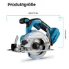 A cordless circular saw is shown with dimensions indicated. Produktbild-Vorschau