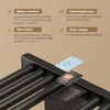 Close-up of a black towel radiator with a digital display and circuit board, accompanied by text boxes describing different operating modes. Produktbild-Vorschau