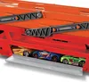 A close-up view of an orange toy truck with three toy cars stored inside. Náhled obrázku produktu