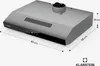 A stainless steel range hood with dimensions indicated by lines and measurements. Produktbild-Vorschau