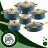 A set of blue and gold pots and pans with glass lids are arranged on a white background with a green overlay. Voir les images du produit