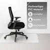 A black office chair is placed on a transparent floor mat in front of a white wall. A grey overlay with text and icons is on the right side of the image. Produktbild-Vorschau