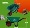 Two views of a green wheelbarrow are shown against a green and orange background, with some gardening tools and plants in the background. Produktbild-Vorschau
