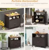 A collage of four images showing a brown rattan storage cabinet with a wooden top in different outdoor settings: a terrace, a veranda, a backyard, and by a swimming pool. Produktbild-Vorschau