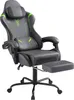A gaming chair with a footrest and headrest, shown from a three-quarter angle against a white background.