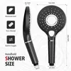 A black handheld shower head is shown from two angles, with dimensions and feature icons. Produktbild-Vorschau