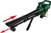 A green and black electric leaf blower with red accents and a black strap, shown against a white background. Red arrows indicate airflow direction. Produktbild-Vorschau