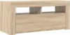 A light brown wooden TV stand with two open shelves and a closed compartment. Voir les images du produit
