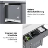 Close-up views of a dark gray bathroom vanity cabinet, highlighting drawer slides and interior storage. Produktbild-Vorschau