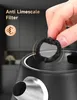 A hand holding an anti limescale filter over the opening of a black kettle. Produktbild-Vorschau