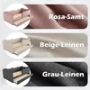 Collage of three different colored daybeds with pull-out trundles, each with a fabric swatch and text indicating the color and material. Produktbild-Vorschau