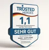 A 3D rendering of a shield-shaped badge with text and graphics indicating a product test result. Produktbild-Vorschau