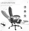 A grey office chair with its back reclined and footrest extended, shown with text and icons highlighting its features. Náhled obrázku produktu