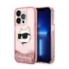 A pink iPhone 14 Pro Max case with a glitter design and a Choupette Head graphic is shown next to an iPhone 14 Pro Max. Produktbild-Vorschau