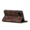 A brown flip case for a smartphone is shown from the side, with the phone inserted and the cover open. Produktbild-Vorschau