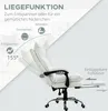 A white ergonomic office chair is shown in a reclined position with a diagram illustrating its reclining function and a pull-out footrest. Produktbild-Vorschau