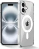A clear, professional studio shot of a transparent iPhone case with MagSafe and a magnetic ring, placed next to an iPhone. Produktbild-Vorschau
