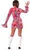 A woman wearing a colorful 70s disco dress and white boots, viewed from the back. Produktbild-Vorschau