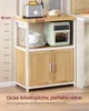 A kitchen shelf unit with appliances and dishes, featuring a ruler for scale and text describing its features. Produktbild-Vorschau
