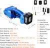 A product shot of a blue and black strapping tool with its accessories and specifications laid out. Produktbild-Vorschau