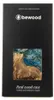 A black box packaging for a Bewood iPhone case, with a window showing a sample of the wood and resin design. Produktbild-Vorschau