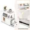 A collage of images showing a white narrow side table with drawers and shelves, along with close-ups highlighting its features. Produktbild-Vorschau