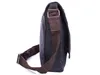 A side view of a dark gray canvas messenger bag with brown faux leather accents and a brown strap. Podgląd zdjęcia produktu
