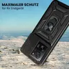A rugged black phone case with a ring holder is shown in a snowy, outdoor environment. Produktbild-Vorschau