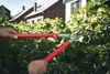 Hands using red hedge trimmers to cut green bushes in front of houses. Voir les images du produit