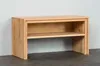 A wooden bench with two shelves against a white wall. Produktbild-Vorschau