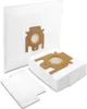 A stack of white vacuum cleaner bags with brown cardboard connectors and a single bag in the background. Produktbild-Vorschau